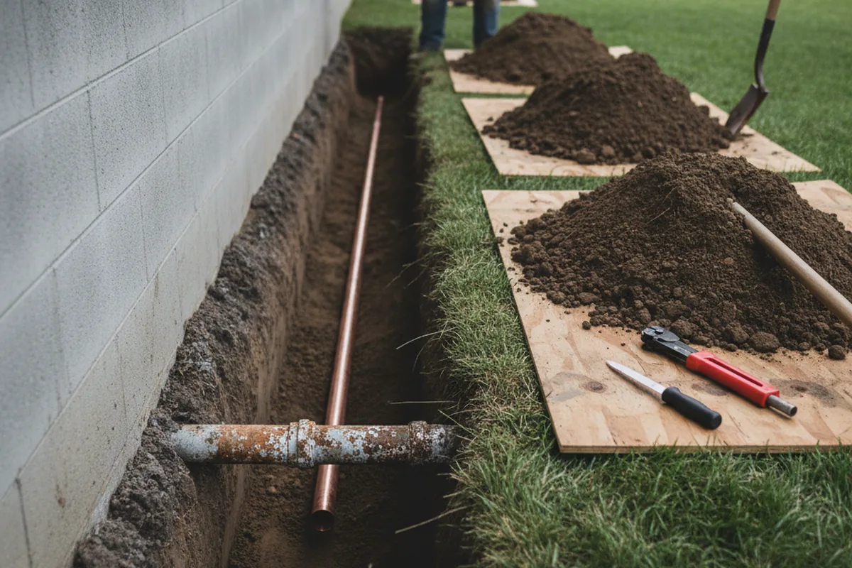 Excavated water line trench during Sewer Line Repair in Blue Hill